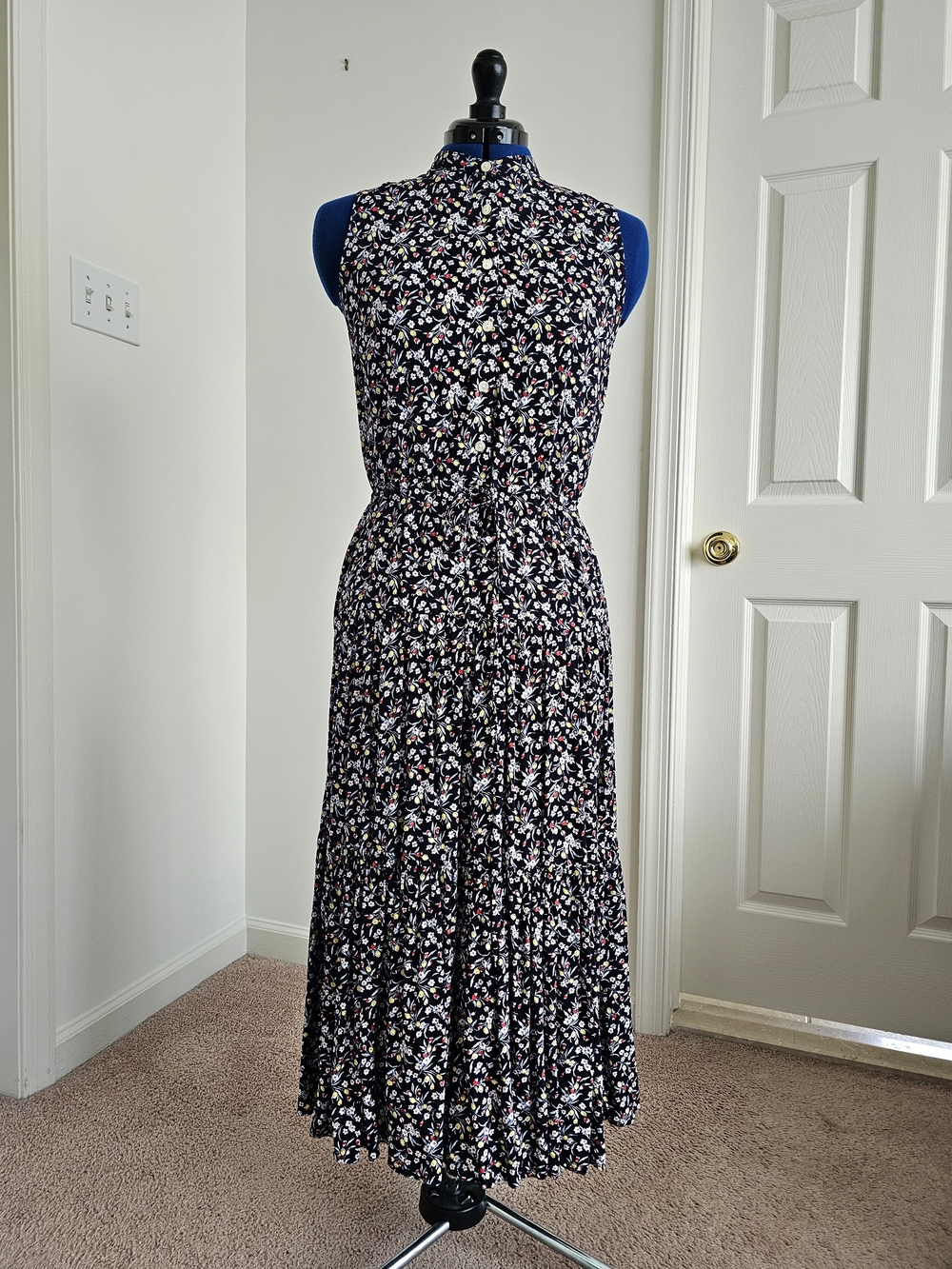 CHAPS M Navy Floral Sleeveless Button Front Tiered Maxi Dress Tie Waist - Picture 3 of 15